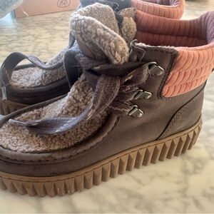 Brown and Pink Shearling Lined Boots